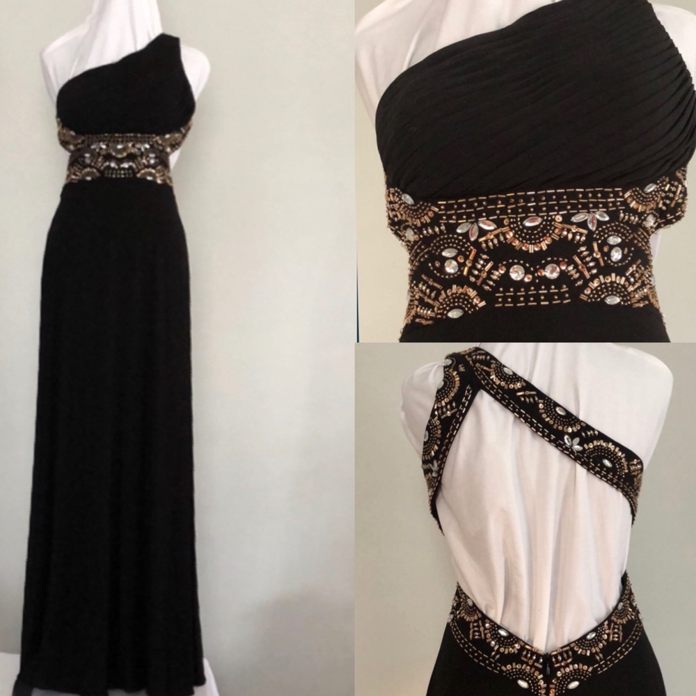 Black, off one shoulder, beaded, prom dress, sz 5